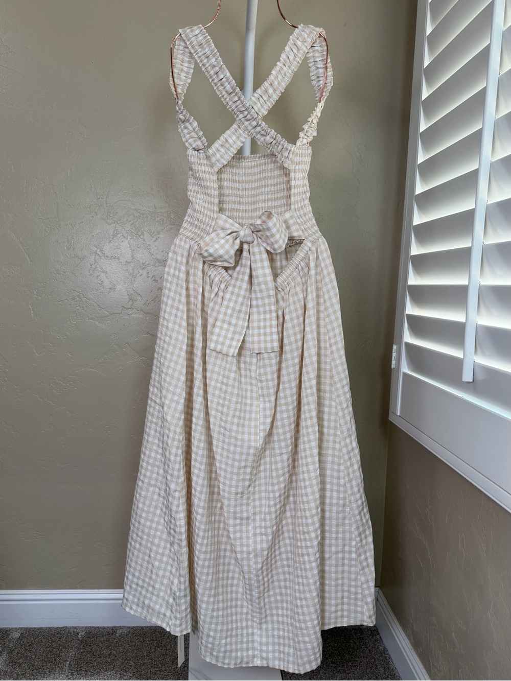 Commense Beige White Gingham Open Back Maxi Dress XL NWT Cotton Blend - Picture 7 of 11